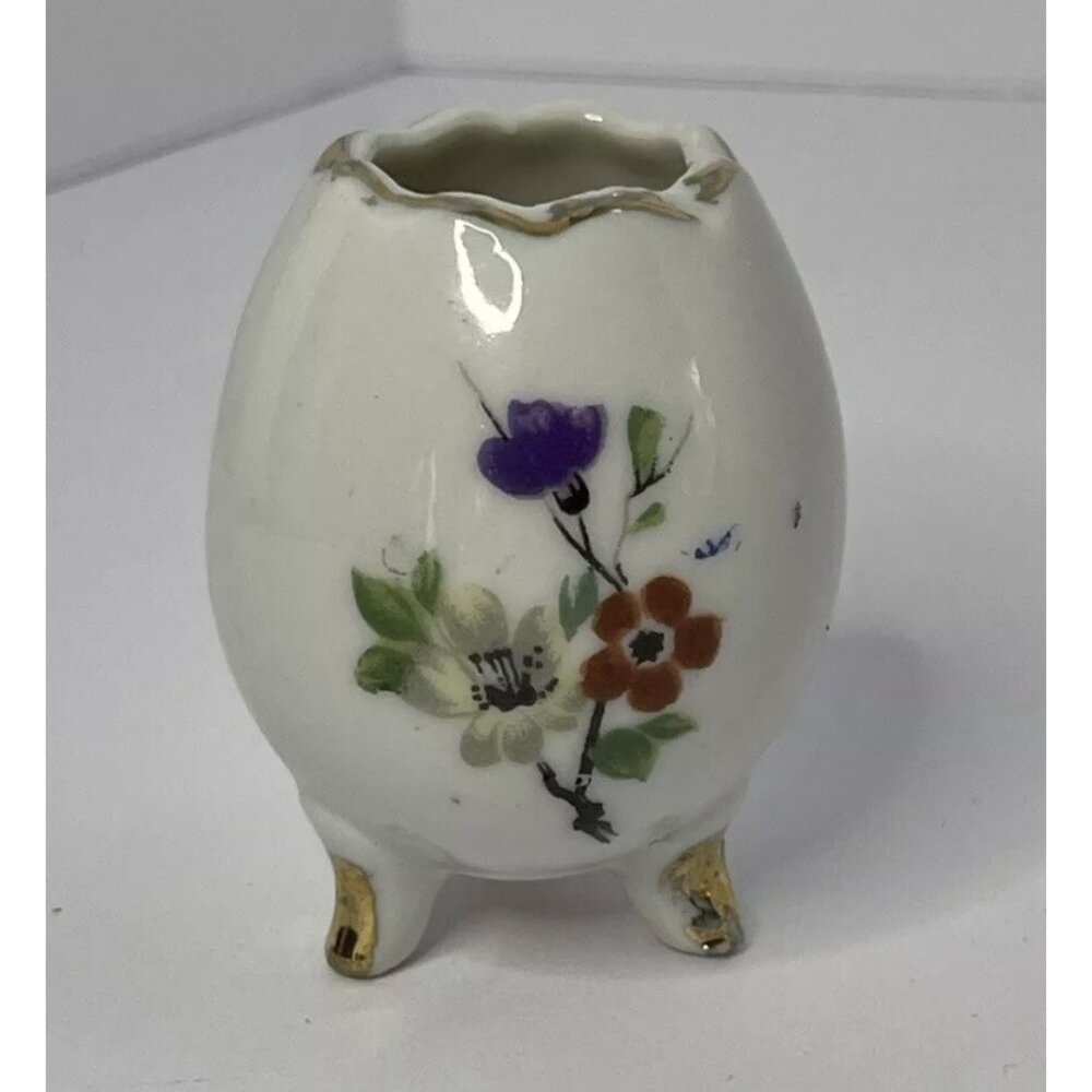 Vintage Japan Porcelain Egg Enesco Gold Trim Figurine Toothpick Holder Mini 2”